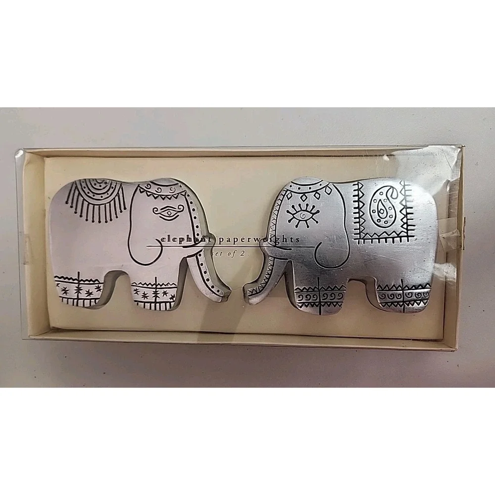 New in Package Pier 1 Imports Metal Elephant Paperweights - 2 Made in India